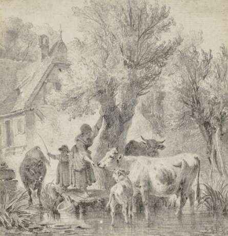Bauernmädchen mit Kühen an der Tränke , Voltz, Johann Friedrich 1817 Nördlingen - 1886 München - Foto 1