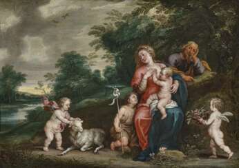 Die Heilige Familie mit dem Johannesknaben und Engeln , Flämisch (Peeter van Avont, 1600 Mechelen - 1652 Deurne [Antwerpen], Umkreis?) 17. Jahrhundert