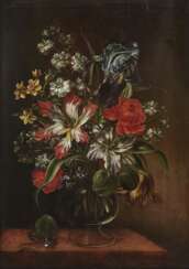 Blumensträuße in Glasvasen auf Steinplatten Zwei Gemälde. , Art des Hirscheli (Hirschel), Caspar um 1698 Prag - um 1743 ebenda