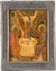 A SMALL ICON OF OLD TESTAMENT TRINITY WITH SILVER BASMA