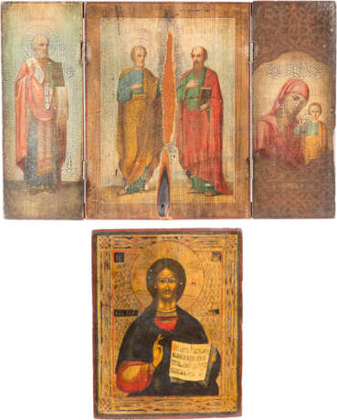 A SMALL ICON WITH CHRIST PANTOKRATOR AND THE TRIPTYCH WITH THE APOSTLES PETER AND PAUL - photo 1