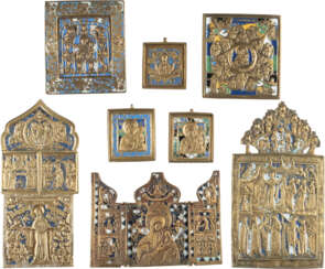 COLLECTION OF SEVEN BRONZE ICONS AND A TRIPTYCH WITH MOTHER OF GOD-REPRESENTATIONS