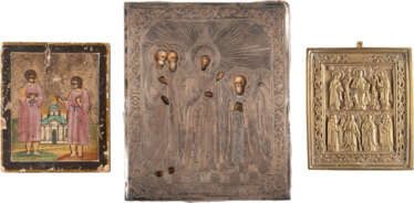 THREE SMALL ICONS: APPEARANCE OF THE MOTHER OF GOD BEFORE THE HOLY SERGEI OF RADONEZH, TWO SAINTS, AND A BRONZE ICON WITH THE DEESIS