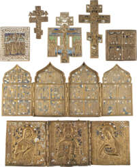 THREE CRUCIFIXES, TRIPTYCH, TETRAPTYCHON, A BRONZE ICON AND A FRAGMENT OF A TRIPTYCH