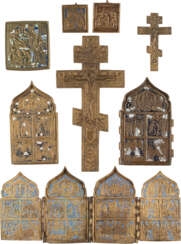 TWO CRUCIFIXES, TRIPTYCH, THREE SMALL ICONS AND TWO ICONS-FRAGMENTS
