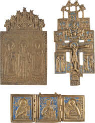 TRIPTYCH, BRONZE ICON WITH THREE SAINTS AND A CRUCIFIX