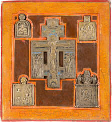 ICON WITH SEGENSKEUZ AND FOUR BRONZE ICONS OF THE MOTHER OF GOD AND SELECTED SAINTS