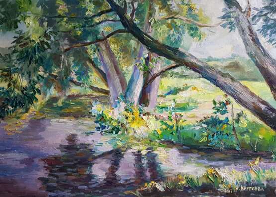 “Willow on the Ornamental pond” Canvas Oil paint Impressionist Landscape painting 2017 - photo 1