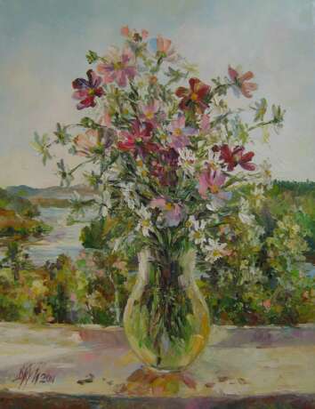 “Cosmos at the window” Canvas Oil paint Impressionist Still life 2011 - photo 1