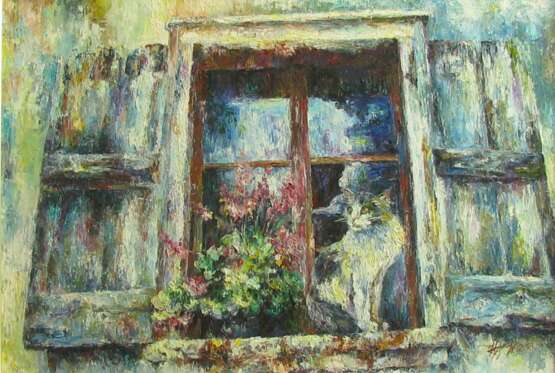 “Cat on the window” Canvas Oil paint Impressionist Animalistic 2008 - photo 1