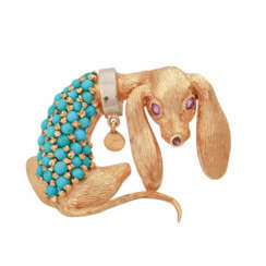 Brooch "Dachshund" bes. with kl. Turquoise and 3 rubies,
