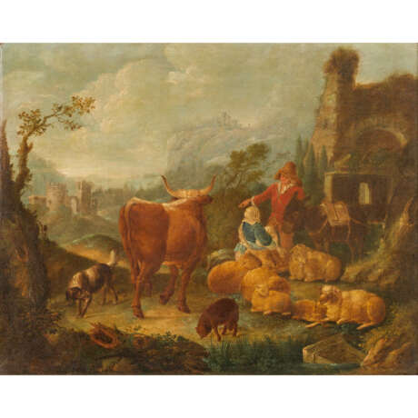 BERCHEM, Nicolaes, Umkreis/Nachfolge (N.B.: 1620-1683), "Hirtenpaar mit Herde bei der Rast", - Foto 1