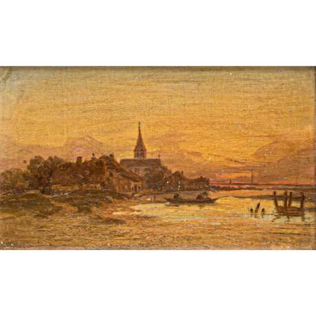 MALER/IN 19. Jahrhundert, "Halbinsel an Gebirgssee bei Sonnenuntergang", - photo 1