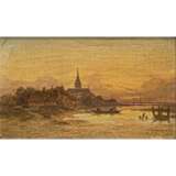 MALER/IN 19. Jahrhundert, "Halbinsel an Gebirgssee bei Sonnenuntergang", - Foto 1