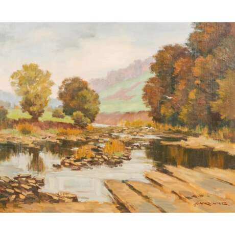 HIRSCHING, AUGUST (1889-1962), "Sonnige Landschaft mit Altwasserarm in Flusstal", - Foto 1