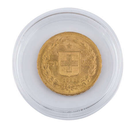 Schweiz/GOLD - 20 Franken 1896/B, Helvetia, ss., Kratzer, - фото 2