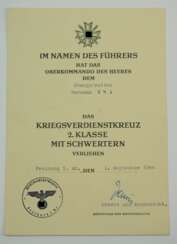 Kriegsverdienstkreuz, 2. Klasse mit Schwertern Urkunde für einen Obergefreiten im Wehrmachtgefängnis Freiburg i.Br.