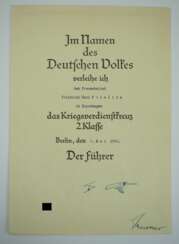 Kriegsverdienstkreuz, 2. Klasse Urkunde für einen Pressebeirat in Kopenhagen.