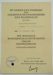 Medaille Winteschlacht im Osten Urkunde für einen Reichsbahninspektor in Radom, Dnjepropetrowsk.