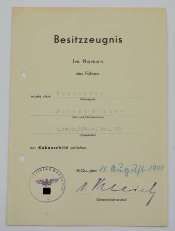 Kubanschild Urkunde für einen Gefreiten des Rahmenpersonals der 4. (Turk.)/ Nachschub-Bataillon 563. - фото 1