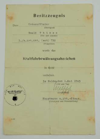 Kraftfahrbewährungsabzeichen, Gold Urkunde für einen Unteroffizier der 3./ schwere Artillerie-Abteilung (mot.) 732. - photo 1