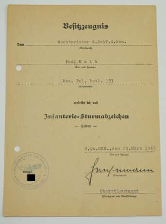 Infanterie-Sturmabzeichen, Silber Urkunde für einen Wachtmeister der Schutzpolizei d.R. im Res. Pol. Batl. 131. - фото 1