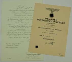 Rumänien: Orden der Krone von Rumänien, Ritterkreuz Urkunde und Annahmegenehmigung für einen Oberfeldmeister des RAD.
