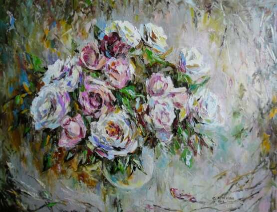 “Pink and white bouquet” Canvas Oil paint Impressionist Still life 2013 - photo 1