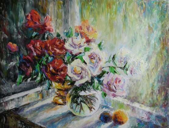 “White and red roses” Canvas Oil paint Impressionist Still life 2012 - photo 1