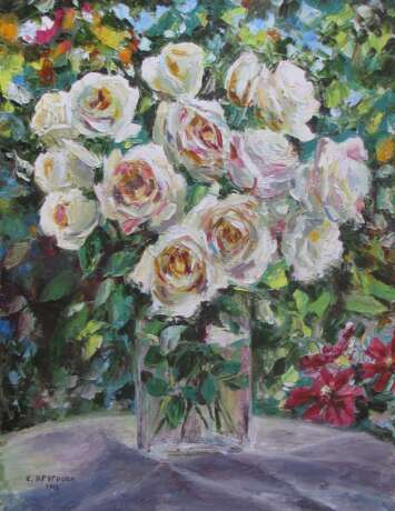 “White roses in the garden” Canvas Oil paint Impressionist Still life 2015 - photo 1