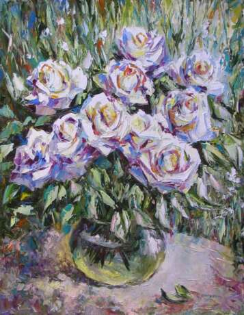“White roses in the garden” Canvas Oil paint Impressionist Still life 2012 - photo 1