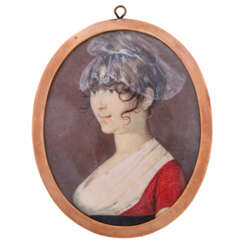 Porträt-Miniatur einer Biedermeier-Dame, wohl England 1. Hälfte 19. Jahrhundert.