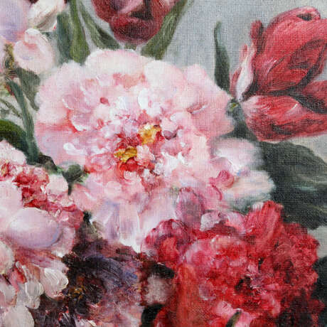 ROUGERON, J. (französ. Künstler/in 2. Hälfte 19. Jahrhundert), "Pfingstrosen und Tulpen in brauner Keramikvase", - photo 4