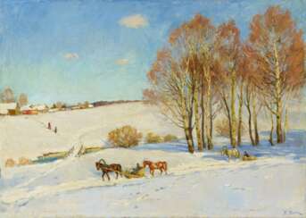 Weite Winterlandschaft mit Pferdeschlitten