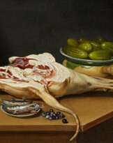 Stillleben mit Schweinekeule, Fischen und Gurken
