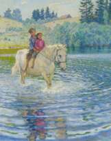 Frühlingslandschaft mit zwei Jungen auf ihrem Pferd