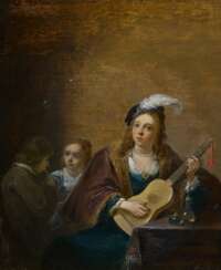 Gitarre spielende, junge Dame mit Kindern beim Seifenblasen