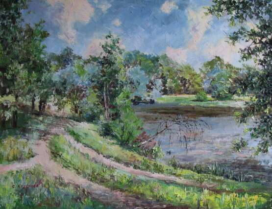 “The hottest summer on Lebedyansky pond” Canvas Oil paint Impressionist Landscape painting 2016 - photo 1