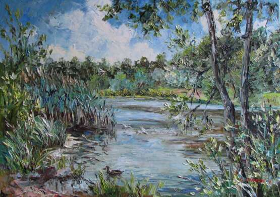 “The reeds on the pond” Canvas Oil paint Impressionist Landscape painting 2016 - photo 1