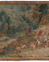 Tapisserie mit vornehmer Jagdgesellschaft vor einem Gasthaus
