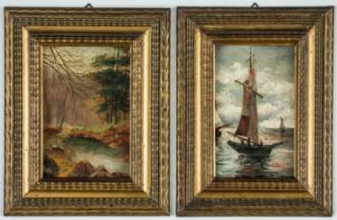 Zwei stimmungsvolle Bilder einer Landschaft und eines Segelbootes