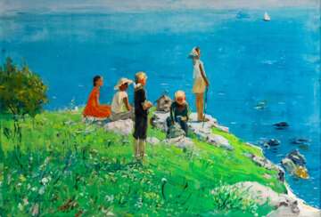 Monumentales und stimmungsvolles Gemälde mit Kindern am Wasser