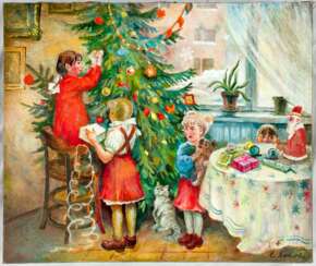 Kinder schmücken den Weihnachtsbaum
