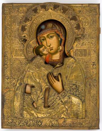 Sehr grosse Ikone der Gottesmutter Feodorovskaja mit handgetriebenen Messingoklad - Foto 1