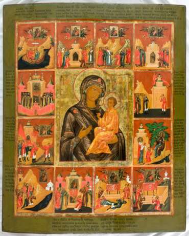 Monumentale und seltene Ikone der Gottesmutter von Tichvin mit Szenen aus der Geschichte des Gnadenbildes - фото 1