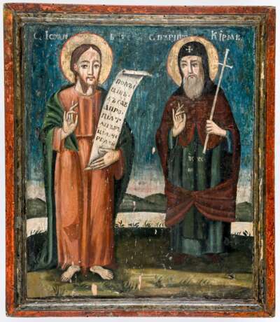 Doppelseitige Ikone mit Entschlafung der Gottesmutter und rückseitig dem heiligen Johannes des Täufers und dem heiligen Einsiedler Kyriakos - фото 2
