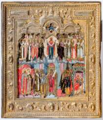 Sehr fein gemalte Ikone der Gottesmutter Pokrov mit handwerklich sehr gut gearbeitetem und vergoldetem Messingoklad