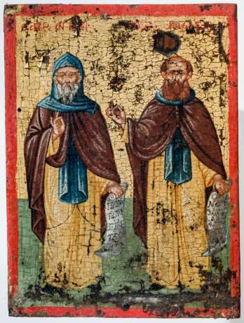 Fein gemalte, kleine Ikone des heiligen Mönchsvaters Antonius des Grossen und eines heiligen Mönches - Foto 1