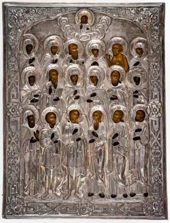 Seltene Ikone mit 18 Heiligen und Silberoklad - фото 1