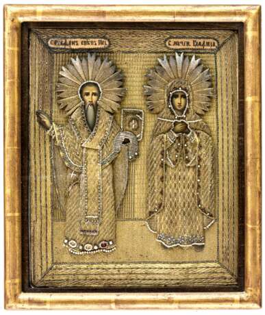 Seltene Ikone des heiligen Bischofs Stephan von Perm und der heiligen Märtyrerin Glafira mit Risa, welche aus Gold- und Silberfäden gestickt und mit Flussperlen besetzt ist - Foto 1